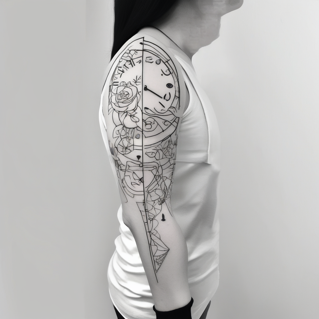 sleeve tattoo to contain the symbols family , love, health, time, money , happines half sleeve tattoos for men, design de tatouage Minimaliste généré par IA